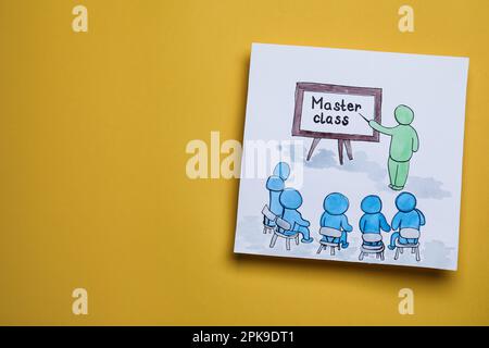 Drawing of teacher, students and words Master Class on yellow background, top view. Space for text Stock Photo