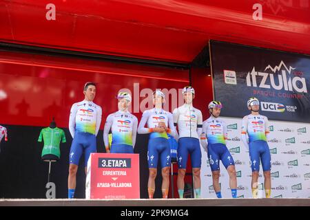 Errenteria, Spain. 05th Apr, 2023. TotalEnergies riders during the 3rd Stage of the Itzulia Basque Country 2023 between Errenteria and Amasa-Villabona, on April 05, 2023, in Errenteria, Spain. (Photo by Alberto Brevers/Pacific Press/Sipa USA) Credit: Sipa USA/Alamy Live News Stock Photo