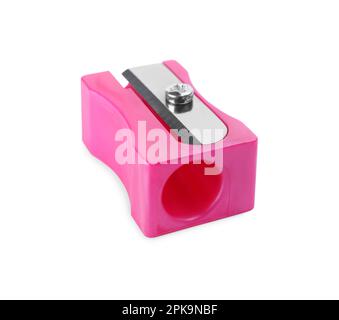 Plastic pink pencil sharpener isolated on white Stock Photo