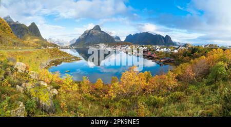 Panorama, Norway, Lofoten, rocky landscape near Reine, autumn morning atmosphere, reflection Stock Photo