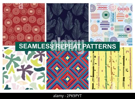 Geometric floral hand drawn abstract seamless repeat pattern collection Stock Vector