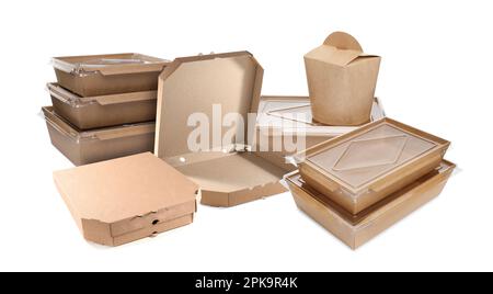 Set with different cardboard boxes and containers for food on white background Stock Photo
