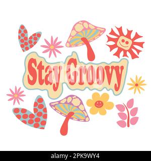 Groovy Design typography mushrooms flowers illustration in vibrant orange pink purple colors for posters Stock Vector