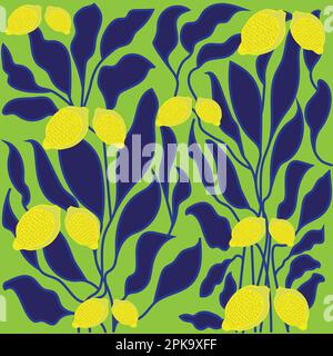 Lemon seamless repeat pattern. lemon leaves matisse style pattern Stock Vector