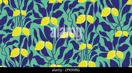 Lemon seamless repeat pattern. lemon leaves matisse style pattern Stock Vector