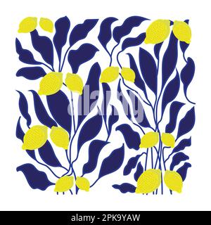 Lemon seamless repeat pattern. lemon leaves matisse style pattern Stock Vector