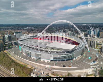 Aerial view of Wembley Stadium, home to England football, Wembley, London, UK. Stock Photo