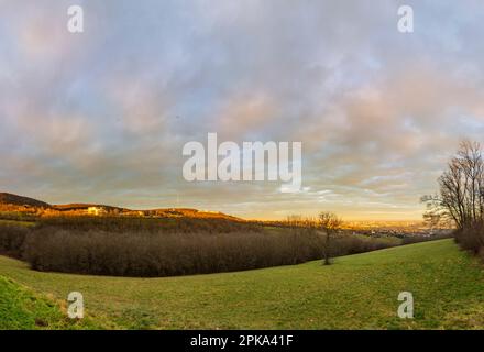 Vienna, Wienerwald (Vienna Woods) with restaurant Cobenzl, mountain Kahlenberg with antenna, mountain Leopoldsberg with church, north of Vienna FLTR in 19. Döbling, Austria Stock Photo