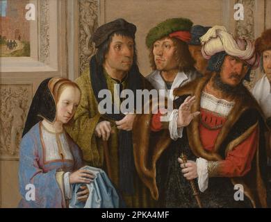 Potiphar's wife shows her husband Joseph's cloak. In the background: Joseph being taken to prison circa 1512 by Lucas van Leyden Stock Photo