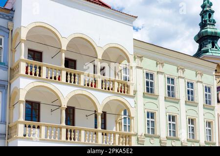 Novy Jicin (Neu Titschein, Neutitschein), Masarykovo Square with the Church of the Assumption of the Virgin Mary in Moravskoslezsky, Moravian-Silesian Region (Mährisch-Schlesische Region), Czechia Stock Photo