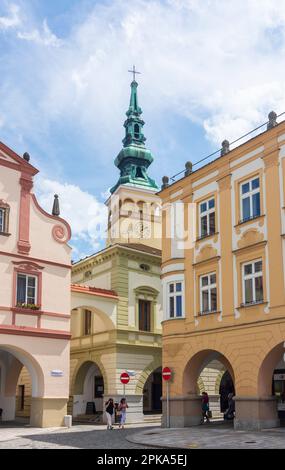 Novy Jicin (Neu Titschein, Neutitschein), Masarykovo Square with the Church of the Assumption of the Virgin Mary in Moravskoslezsky, Moravian-Silesian Region (Mährisch-Schlesische Region), Czechia Stock Photo