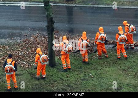 04.01.2023, Germany, , Berlin - Employees of the Berlin city cleaning service clear a street of autumn leaves. 00S230104D259CAROEX.JPG [MODEL RELEASE: Stock Photo
