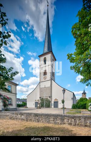 Parish church, to the Holy Guardian Angels, house facade, summer, Heustreu, Rhön-Grabfeld, Franconia, Germany, Europe, Stock Photo