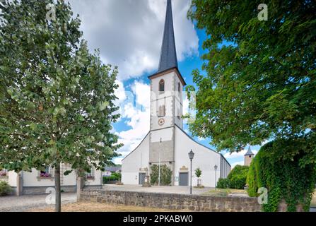 Parish church, to the Holy Guardian Angels, house facade, summer, Heustreu, Rhön-Grabfeld, Franconia, Germany, Europe, Stock Photo