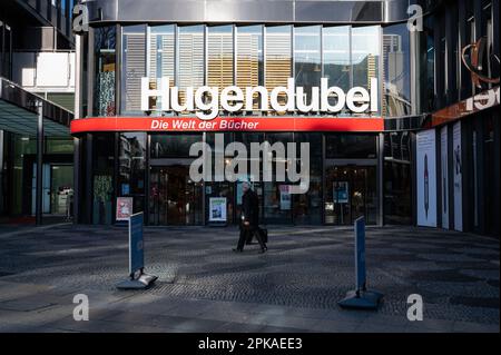 16.01.2023, Germany, , Berlin - Europa - Exterior view of a branch of the bookstore Hugendubel in the Europa-Center at Breitscheidplatz in the distric Stock Photo