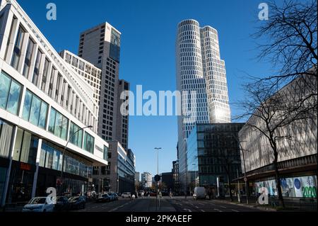 16.01.2023, Germany, , Berlin - Europe - View from Kantstrasse to the tower of the Zoofenster with the Waldorf Astoria Hotel (left) and the high-rise Stock Photo