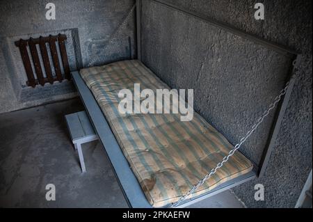 08.02.2023, Germany, , Berlin - Europe - A dummy of the punishment cell of imprisoned Russian opposition politician Alexei Nawalny stands opposite the Stock Photo