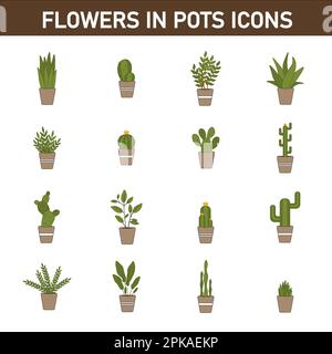 Collection of multi-colored flat icons on the topic: flowers in pots. Isolated on white background. Stock Photo