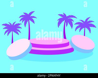 Podium with palm trees on a blue background. Scene with palm trees in the style of the 80s. Presentation podium with empty space. Advertising pedestal Stock Vector