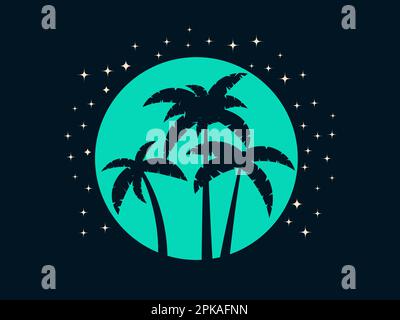 Black contour of palm trees on the background of the moon in vintage style. Silhouette of palm trees on a full moon with stars. Design of advertising Stock Vector