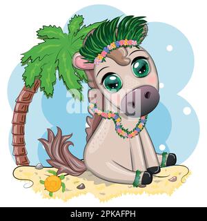 Nice horse, pony in flower wreath, hat, guitar, hula dancer from Hawaii. Summer card for the festival, travel banner. Stock Vector