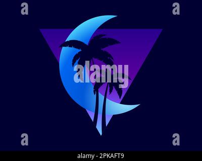 Gradient crescent with palm trees in a futuristic 80s style. Banner with moon and palm trees in synthwave style. Design for advertising brochures, ban Stock Vector