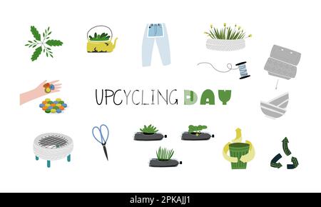 Waste recycling banner with ideas of garbage recycle. Set of objects for stickers, icons, illustrations on web or print. Stock Vector