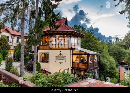 Restaurant "Little Mushroom" in the center of Sovata at dusk, Mures County, Transylvania, Romania Stock Photo