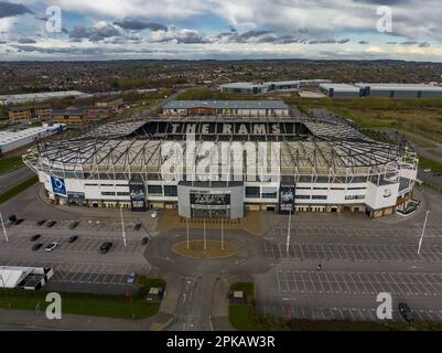 Aerial View of Pride Park Derby Home Of Wayne Rooney's Derby County Football Club Drone Stock Photo