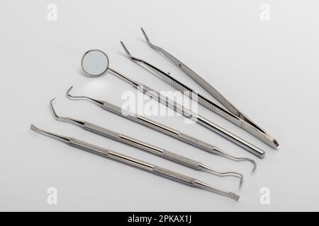 Dental dental care set, dentist instruments, white background, Stock Photo