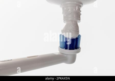 Toothpaste tube, toothpaste on toothbrush head of electric toothbrush, by Oral-B, detail, icon image, brushing teeth, dental care, white background, Stock Photo