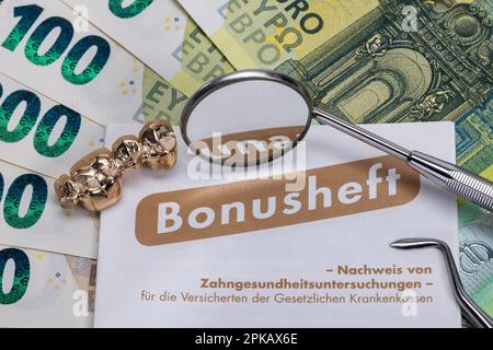 Bonus booklet, used partially veneered dental bridge, various banknotes, mouth mirror, dental probe, detail, symbol image, denture, co-payment, Stock Photo