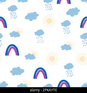 Rainbow, cloud, sun seamless pattern for newborns. Cute and delicate design for the youngest children. Stock Vector