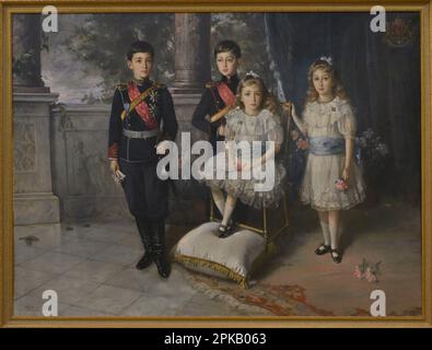 Nikola Mihaylov (1878-1960). Bulgarian painter. Group Portrait of the Royal Children Boris, Kiril, Nadejda and Evdokia, 1904. Part of the collection of Tsar Ferdinand I. National Art Gallery. Sofia. Bulgaria. Stock Photo