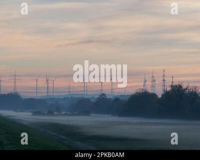 The Maine plain between Grafenrheinfeld and Bergrheinfeld at the Grafenrheinfeld nuclear power plant in fog and evening light, Schweinfurt county, Lower Franconia, Franconia Bavaria, Germany Stock Photo