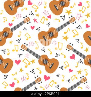 Ukulele seamless pattern, ukulele. Pattern with monstera, leaves, flowers notes inscriptions Stock Vector
