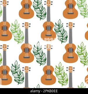 Ukulele seamless pattern, ukulele. Pattern with monstera, leaves, flowers notes inscriptions Stock Vector