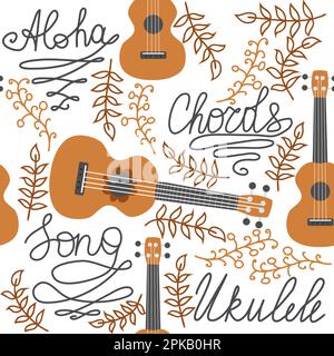 Ukulele seamless pattern, ukulele. Pattern with monstera, leaves, flowers notes inscriptions Stock Vector