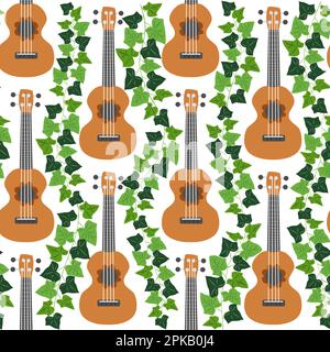 Ukulele seamless pattern, ukulele. Pattern with monstera, leaves, flowers notes inscriptions Stock Vector