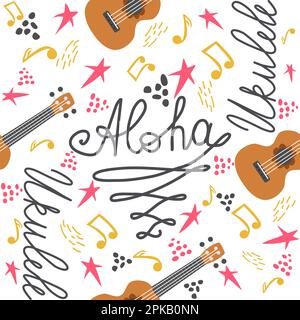 Ukulele seamless pattern, ukulele. Pattern with monstera, leaves, flowers notes inscriptions Stock Vector