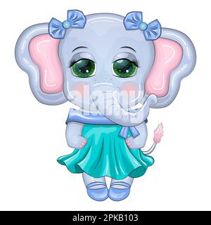 Cute cartoon elephant girl, children's character in a beautiful dress. Stock Vector