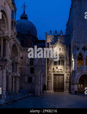 Empty St Marks Square and illuminated Basilica in the early Morning, Venice, Italy Stock Photo