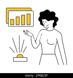 Business marketing or woman analytics and data analysis. A pretty woman holds a projection of interfaces with a graph in her hands. Thin line vector i Stock Vector