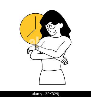 The woman looks at her watch. Terms of work, deadline, time is running. Thin line hand drawn elegant vector illustration on white isolated background Stock Vector