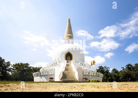 White Buddhist temple, Peace Stupa Zalas ntó, on Lake Balaton, Hungary Stock Photo