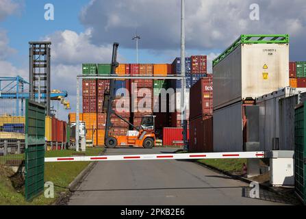 Duisburg, North Rhine-Westphalia, Germany - Container in the Port of Duisburg, Container Port, duisport logport, in the Port of Duisburg on the Rhine, Stock Photo