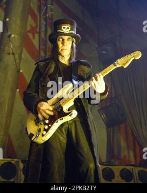 **FILE PHOTO** Mick Mars Sues Motley Crue. FEBRUARY 20: Mick Mars of Motley Crue performs at the Bi-Lo Center in Greenville, South Carolina on one of the first dates of the Carnival Of Sins Tour on February 20, 2005. CREDIT: Chris McKay/MediaPunch Stock Photo