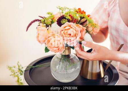 Close up of fresh english roses Lady of Shallott. Woman makes bouquet in vase of orange red flowers with greenery on table at home. Stock Photo