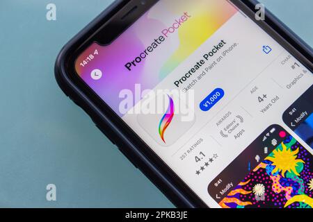 Procreate Pocket app seen in an App Store on iPhone screen. Procreate is a raster graphics editor app for digital painting by Savage Interactive Stock Photo
