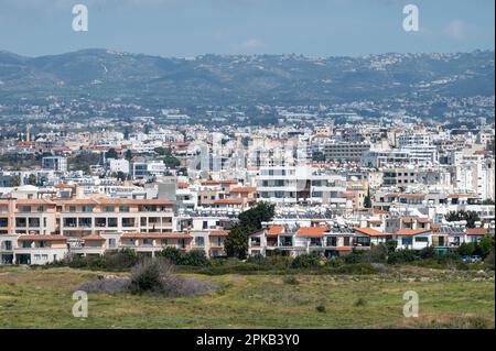 Paphos, Paphos District, Cyprus - March 23, 2023 - Skyline over holiday apartments at the coast Stock Photo